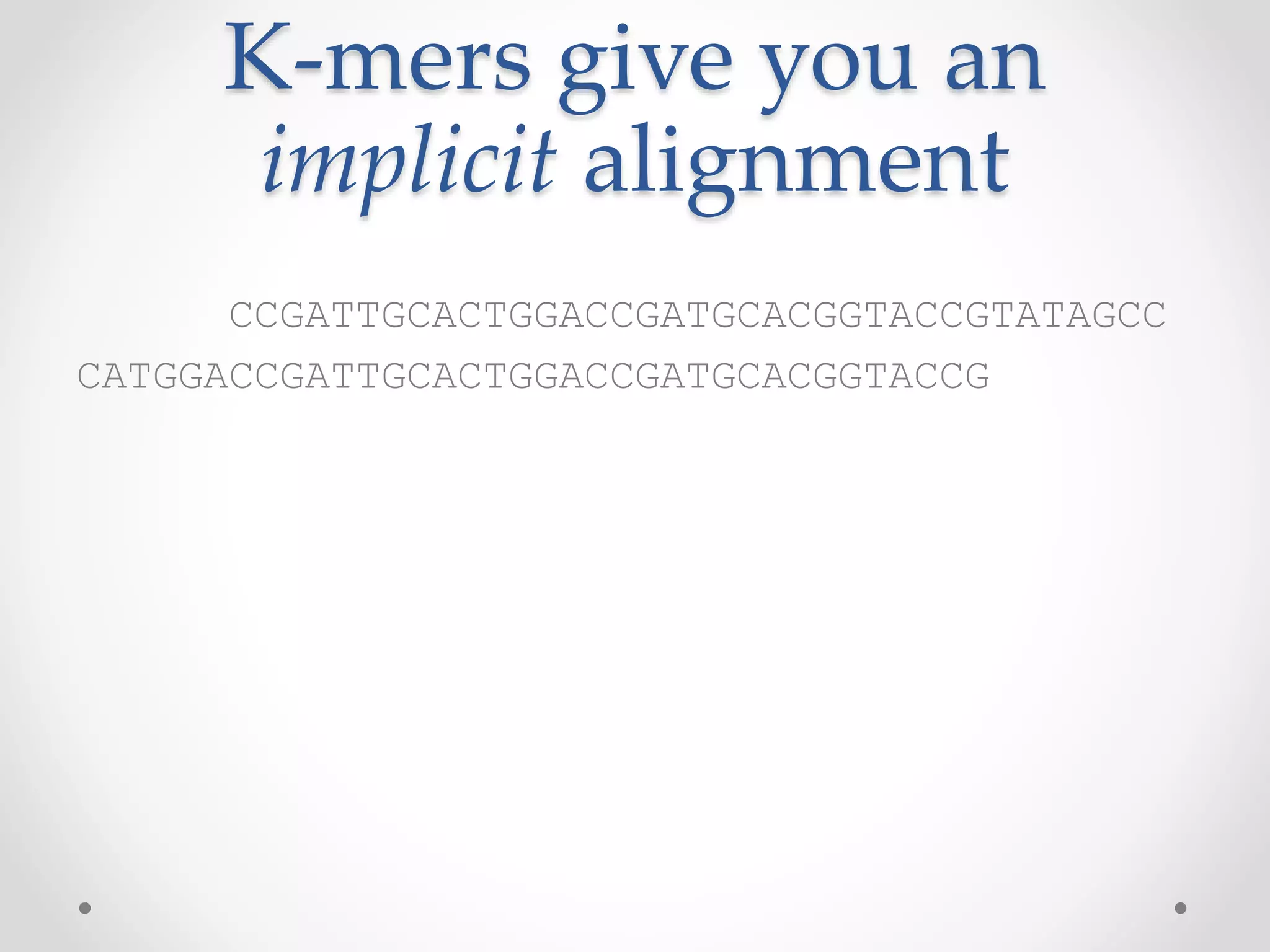 K-mers give you an
implicit alignment
CCGATTGCACTGGACCGATGCACGGTACCGTATAGCC
CATGGACCGATTGCACTGGACCGATGCACGGTACCG
 
