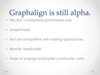 Graphalign is still alpha.
• We don’t understand parameters well.
• Unoptimized.
• Not yet competitive with existing approaches.
• Broadly applicable!
• Hope to engage w/broader community, soon.
 