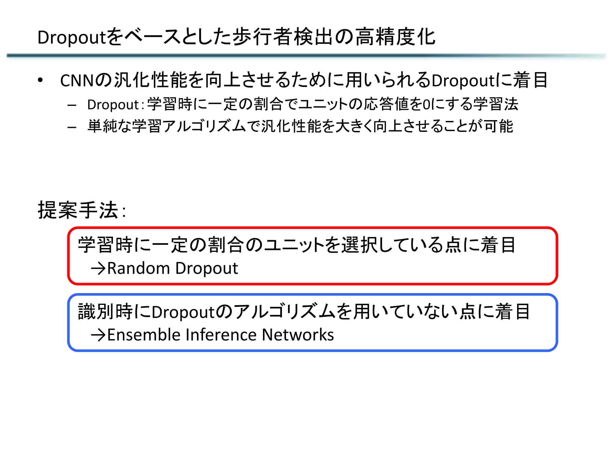 Dropoutをベースとした歩行者検出の高精度化
• CNNの汎化性能を向上させるために用いられるDropoutに着目
– Dropout：学習時に一定の割合でユニットの応答値を0にする学習法
– 単純な学習アルゴリズムで汎化性能を大きく向上させることが可能
学習時に一定の割合のユニットを選択している点に着目
→Random Dropout
識別時にDropoutのアルゴリズムを用いていない点に着目
→Ensemble Inference Networks
提案手法：
 