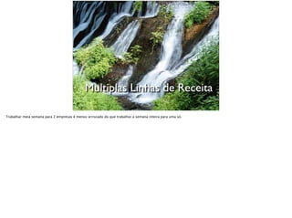 Multiplas Linhas de Receita
Trabalhar meia semana para 2 empresas é menos arriscado do que trabalhar a semana inteira para uma só.
 