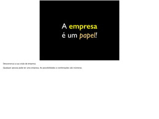 A empresa
é um papel!
Desconstrua a sua visão de empresa.
Qualquer pessoa pode ter uma empresa. As possibilidades e combinações são inúmeras.
 