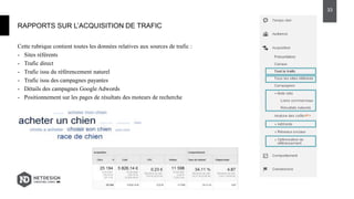 RAPPORTS SUR L’ACQUISITION DE TRAFIC
Cette rubrique contient toutes les données relatives aux sources de trafic :
- Sites référents
- Trafic direct
- Trafic issu du référencement naturel
- Trafic issu des campagnes payantes
- Détails des campagnes Google Adwords
- Positionnement sur les pages de résultats des moteurs de recherche
33
 