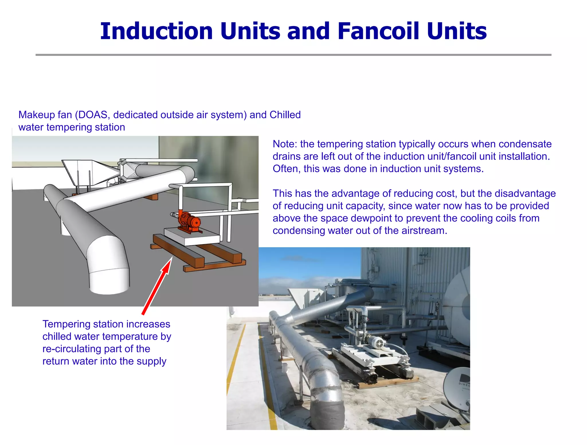 Induction Units and Fancoil Units
Note: the tempering station typically occurs when condensate
drains are left out of the induction unit/fancoil unit installation.
Often, this was done in induction unit systems.
This has the advantage of reducing cost, but the disadvantage
of reducing unit capacity, since water now has to be provided
above the space dewpoint to prevent the cooling coils from
condensing water out of the airstream.
Makeup fan (DOAS, dedicated outside air system) and Chilled
water tempering station
Tempering station increases
chilled water temperature by
re-circulating part of the
return water into the supply
 