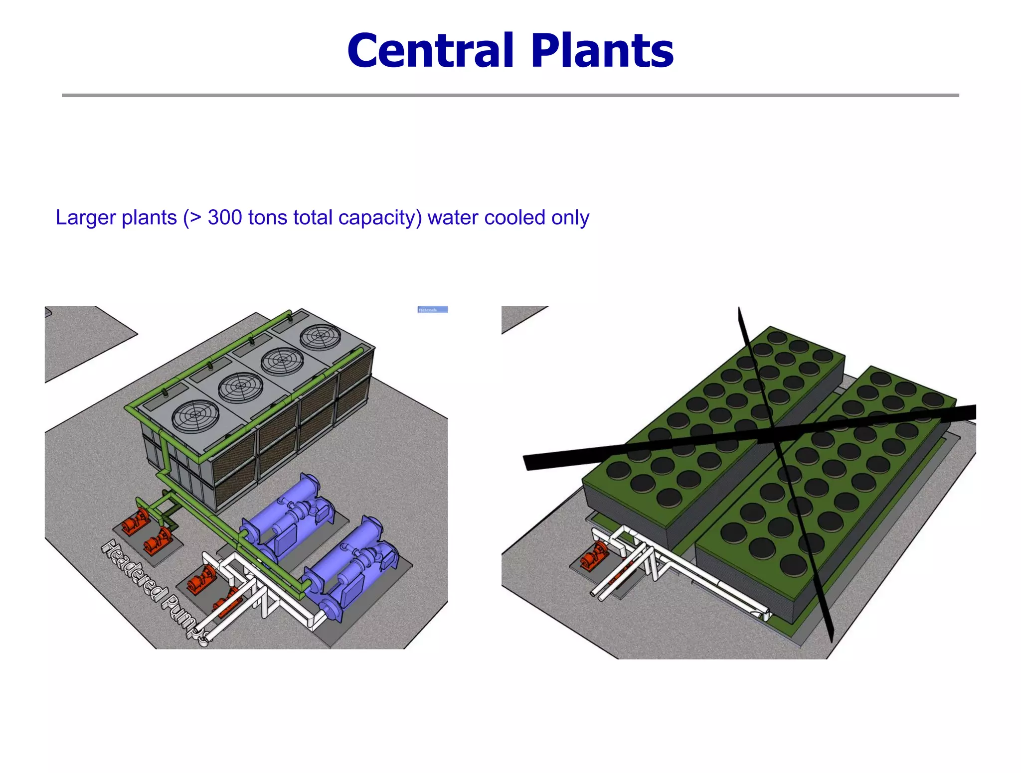Central Plants
Larger plants (> 300 tons total capacity) water cooled only
 