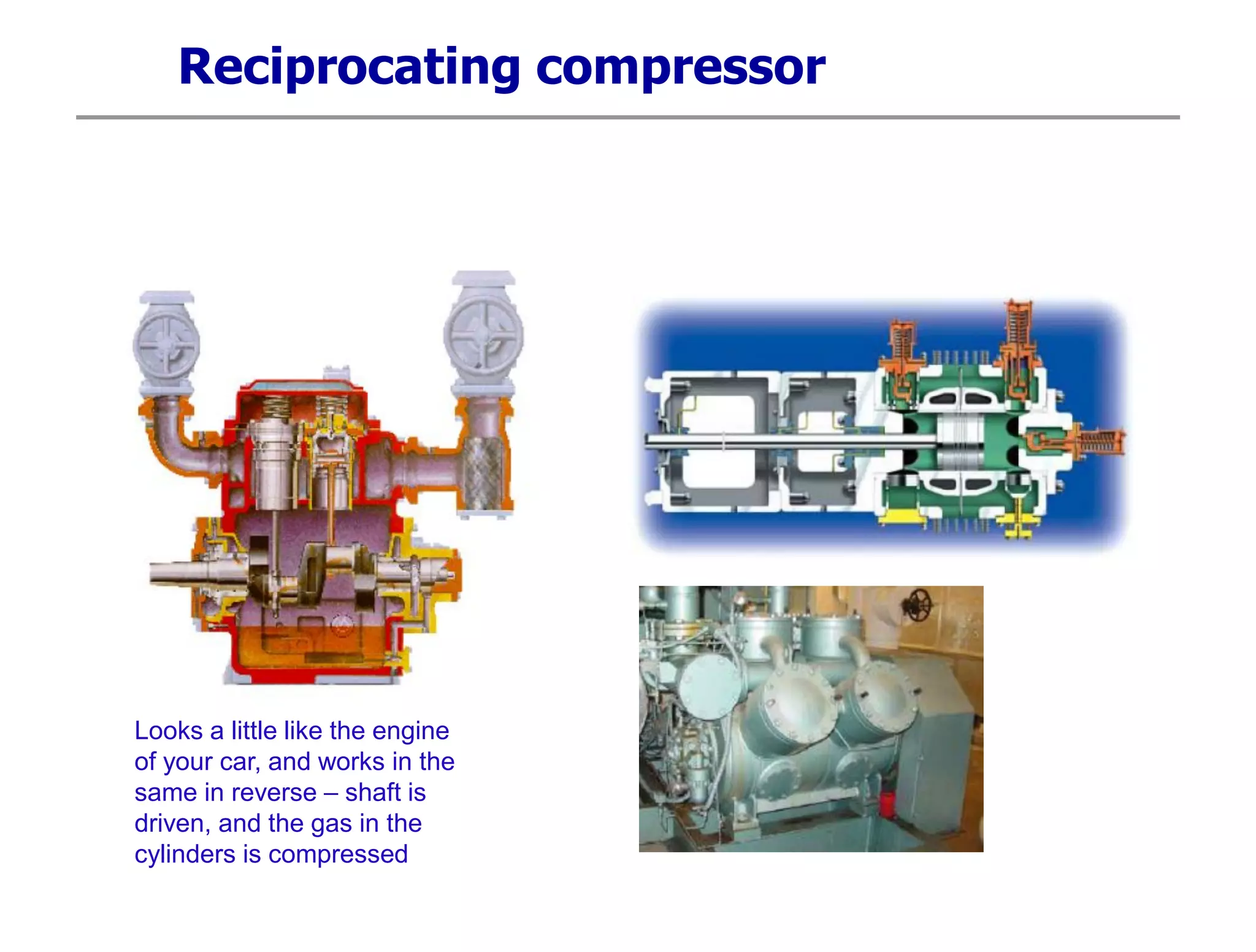 Reciprocating compressor
Looks a little like the engine
of your car, and works in the
same in reverse – shaft is
driven, and the gas in the
cylinders is compressed
 