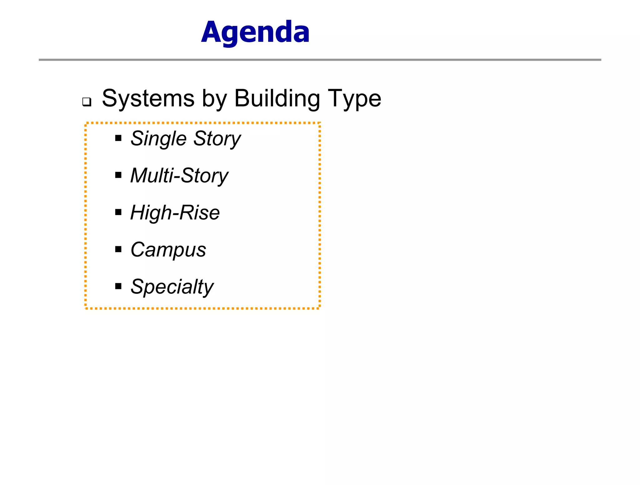 Agenda
 Systems by Building Type
 Single Story
 Multi-Story
 High-Rise
 Campus
 Specialty
 