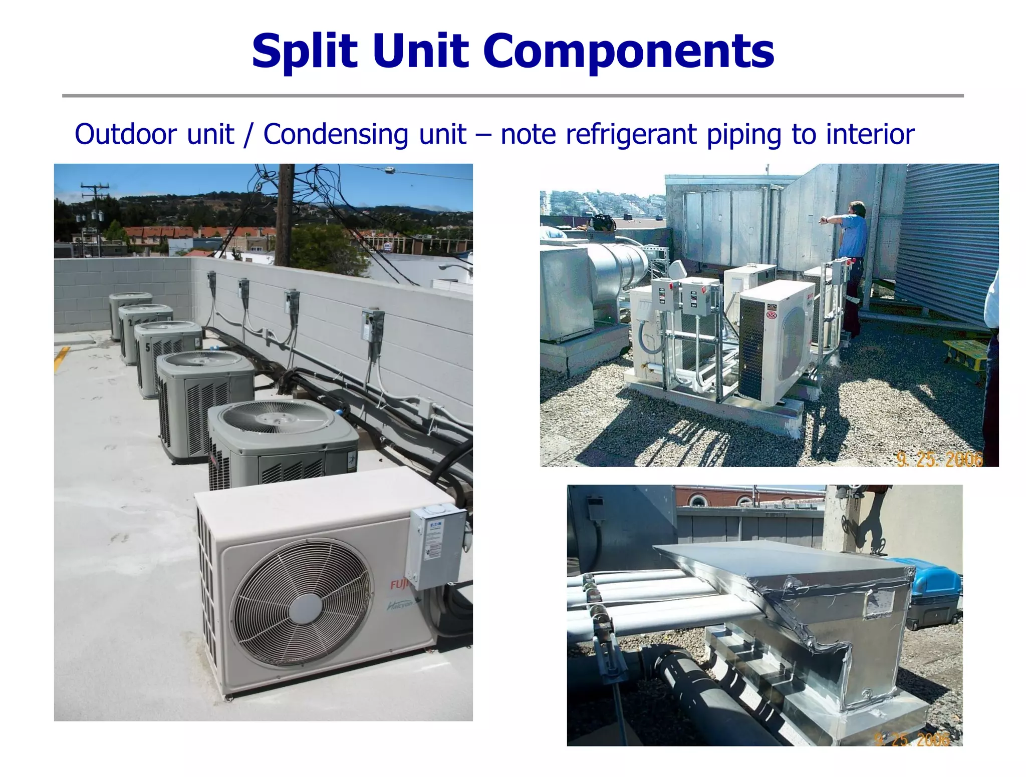 Split Unit Components
Outdoor unit / Condensing unit – note refrigerant piping to interior
 
