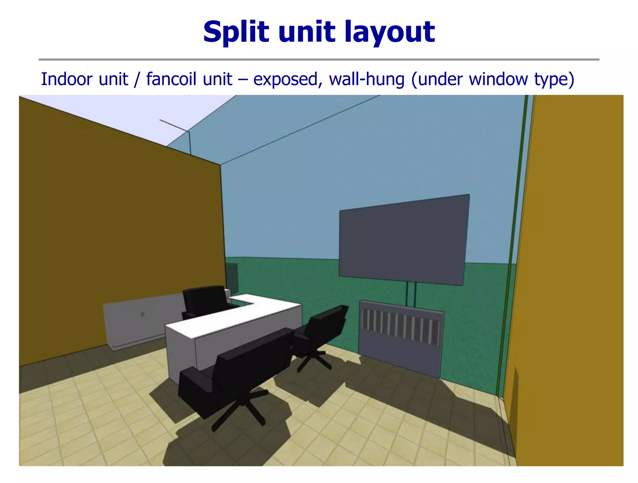 Split unit layout
Indoor unit / fancoil unit – exposed, wall-hung (under window type)
 