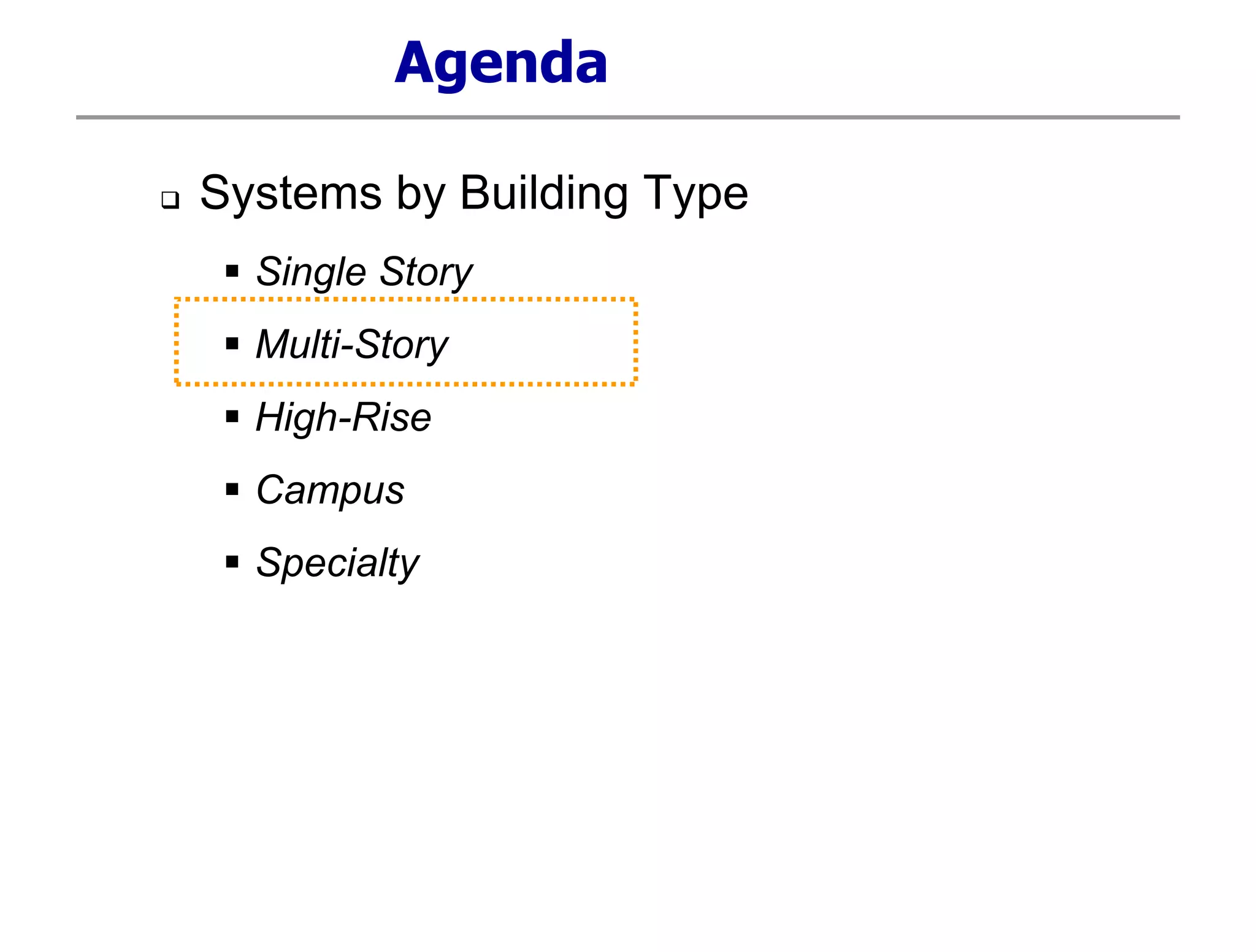 Agenda
 Systems by Building Type
 Single Story
 Multi-Story
 High-Rise
 Campus
 Specialty
 