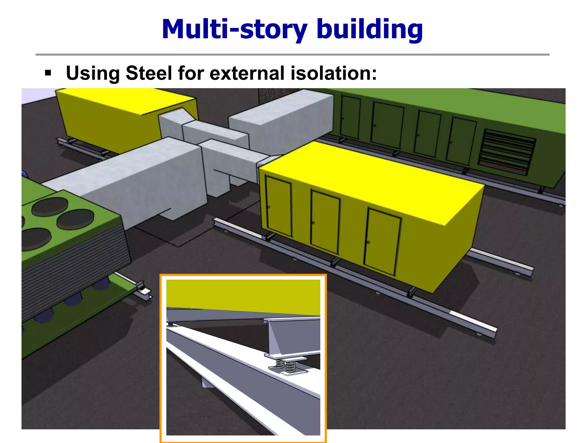 Multi-story building
 Using Steel for external isolation:
 