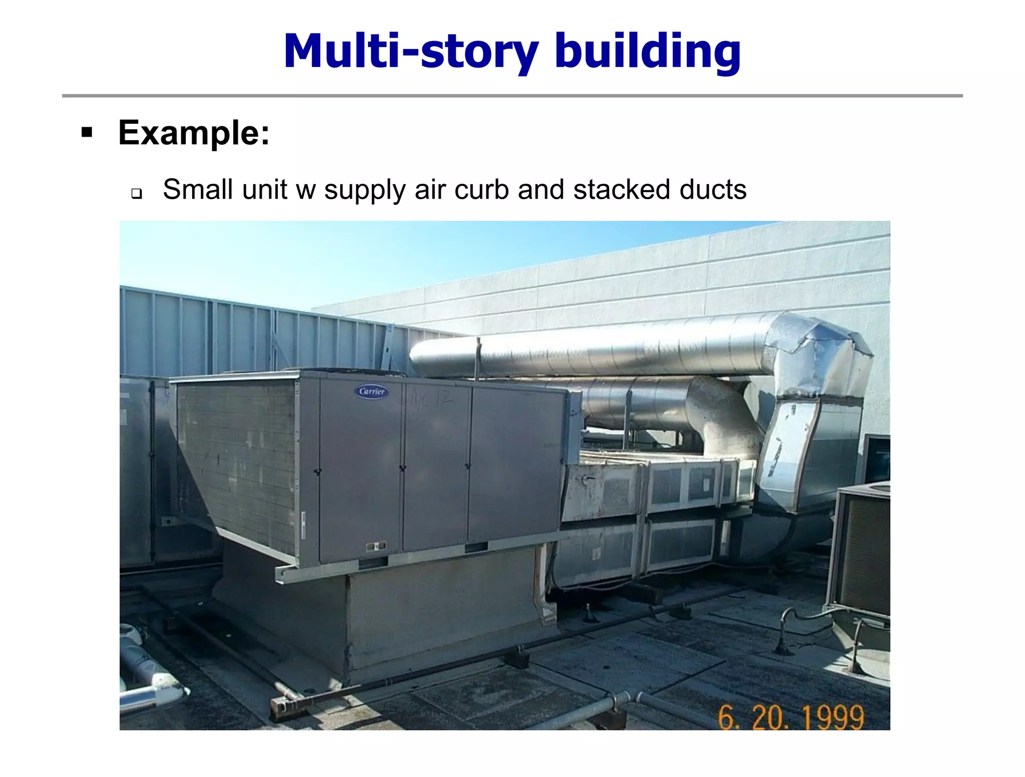 Multi-story building
 Example:
 Small unit w supply air curb and stacked ducts
 