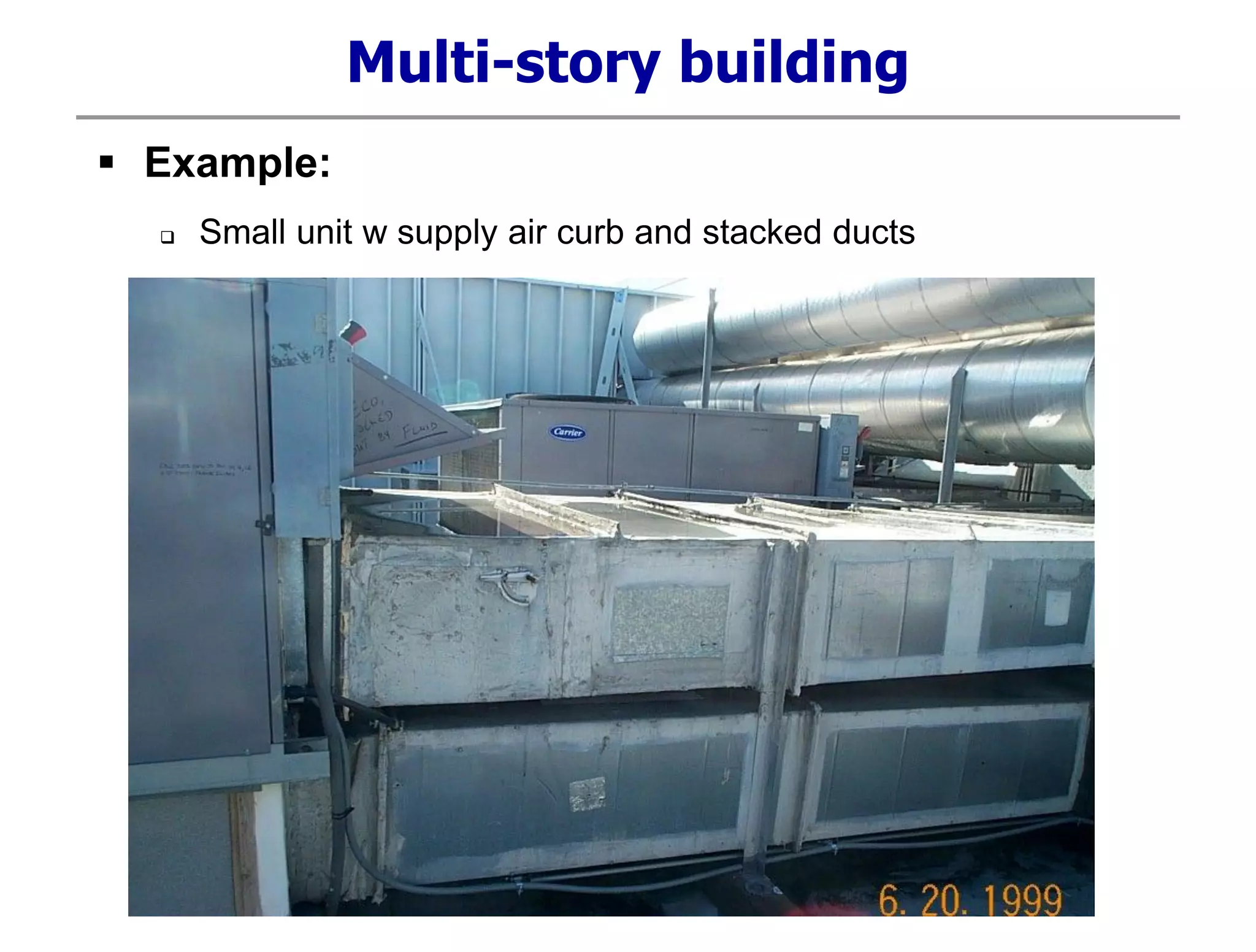 Multi-story building
 Example:
 Small unit w supply air curb and stacked ducts
 