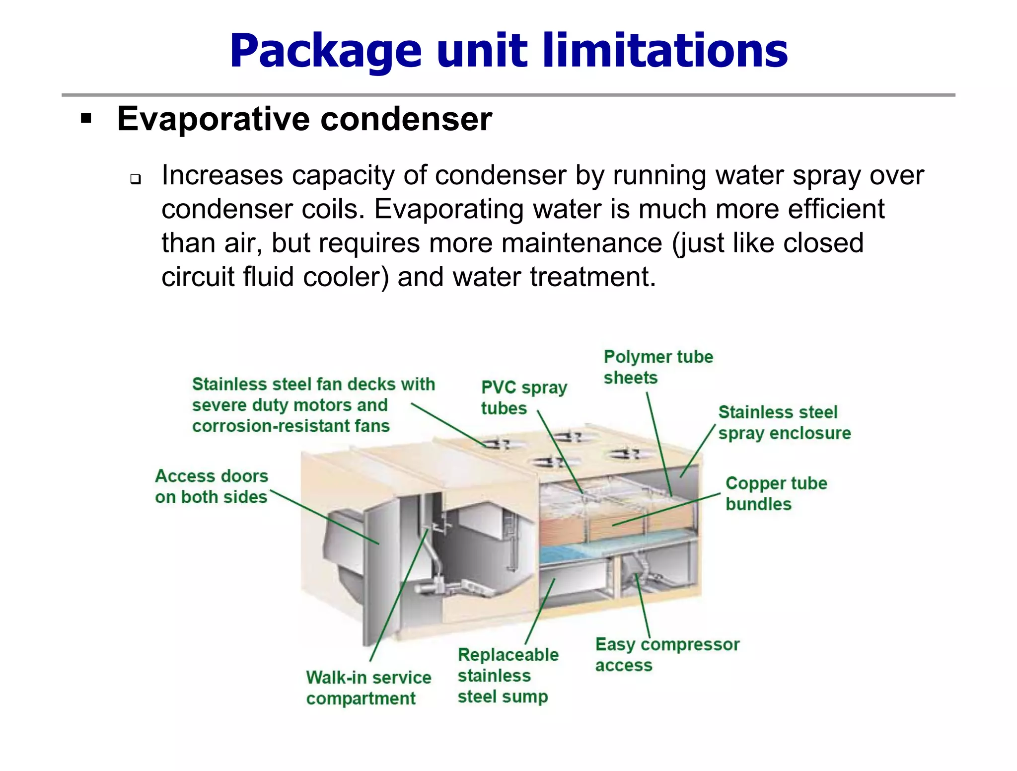 Package unit limitations
 Evaporative condenser
 Increases capacity of condenser by running water spray over
condenser coils. Evaporating water is much more efficient
than air, but requires more maintenance (just like closed
circuit fluid cooler) and water treatment.
 