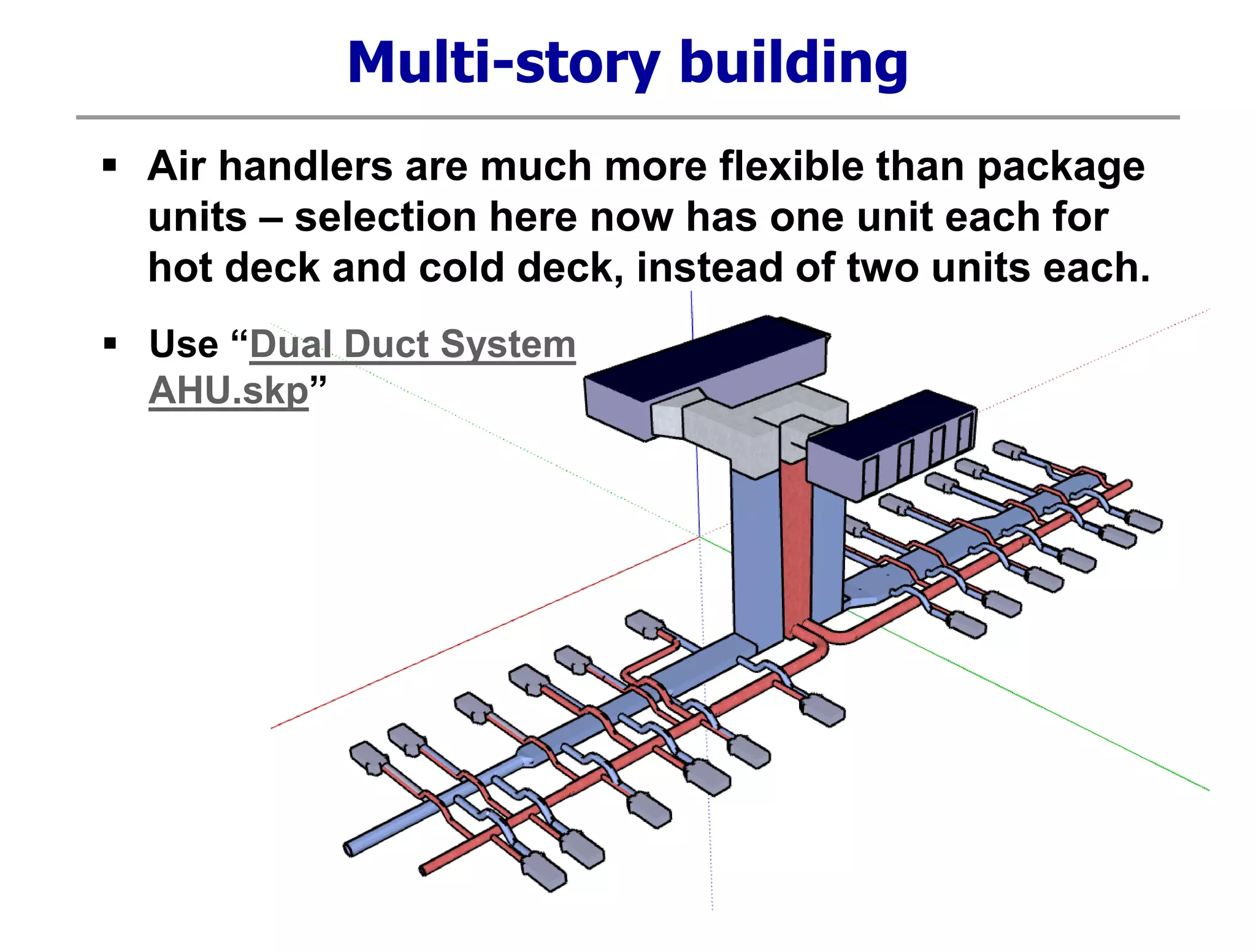 Multi-story building
 Air handlers are much more flexible than package
units – selection here now has one unit each for
hot deck and cold deck, instead of two units each.
 Use “Dual Duct System
AHU.skp”
 