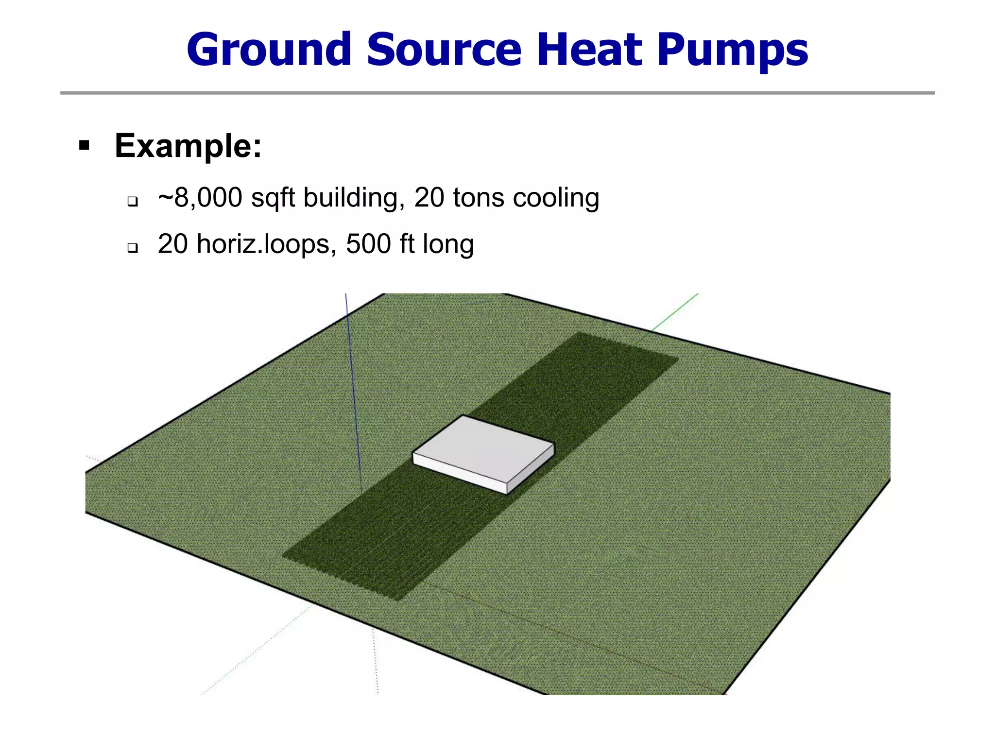 Ground Source Heat Pumps
 Example:
 ~8,000 sqft building, 20 tons cooling
 20 horiz.loops, 500 ft long
 