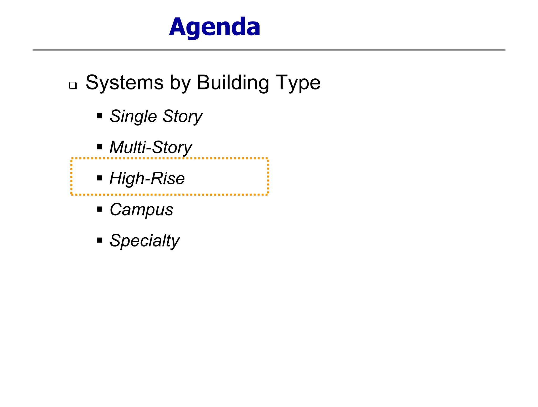 Agenda
 Systems by Building Type
 Single Story
 Multi-Story
 High-Rise
 Campus
 Specialty
 
