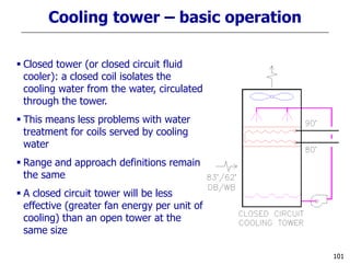 101
Cooling tower – basic operation
 Closed tower (or closed circuit fluid
cooler): a closed coil isolates the
cooling water from the water, circulated
through the tower.
 This means less problems with water
treatment for coils served by cooling
water
 Range and approach definitions remain
the same
 A closed circuit tower will be less
effective (greater fan energy per unit of
cooling) than an open tower at the
same size
 