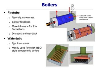  Firetube
 Typically more mass
 Slower response
 More tolerance for flow
fluctuations
 Dry-back and wet-back
 Watertube
 Typ. Less mass
 Mostly used for older “BBQ”
style atmospheric boilers
Boilers
Tubes left out for
clarity. Blue = water
filled volume
 