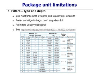 Package unit limitations
 Filters – type and depth
 See ASHRAE 2004 Systems and Equipment, Chap.24
 Prefer cartridge to bags, don’t sag when full
 Pre-filters usually not useful
 See http://www.cdc.gov/niosh/docs/2003-136/2003-136c.html
 