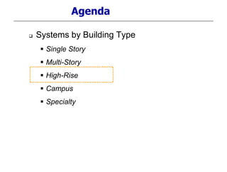 Agenda
 Systems by Building Type
 Single Story
 Multi-Story
 High-Rise
 Campus
 Specialty
 