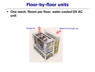 Floor-by-floor units
 One mech. Room per floor, water cooled DX AC
unit
Mixed Air through coilSupply Air
 