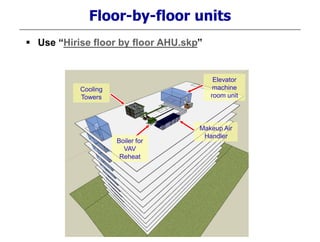 Floor-by-floor units
One mech. Room per floor, one large heat pump
Boiler for
VAV
Reheat
Elevator
machine
room unit
Cooling
Towers
Makeup Air
Handler
 Use “Hirise floor by floor AHU.skp”
 