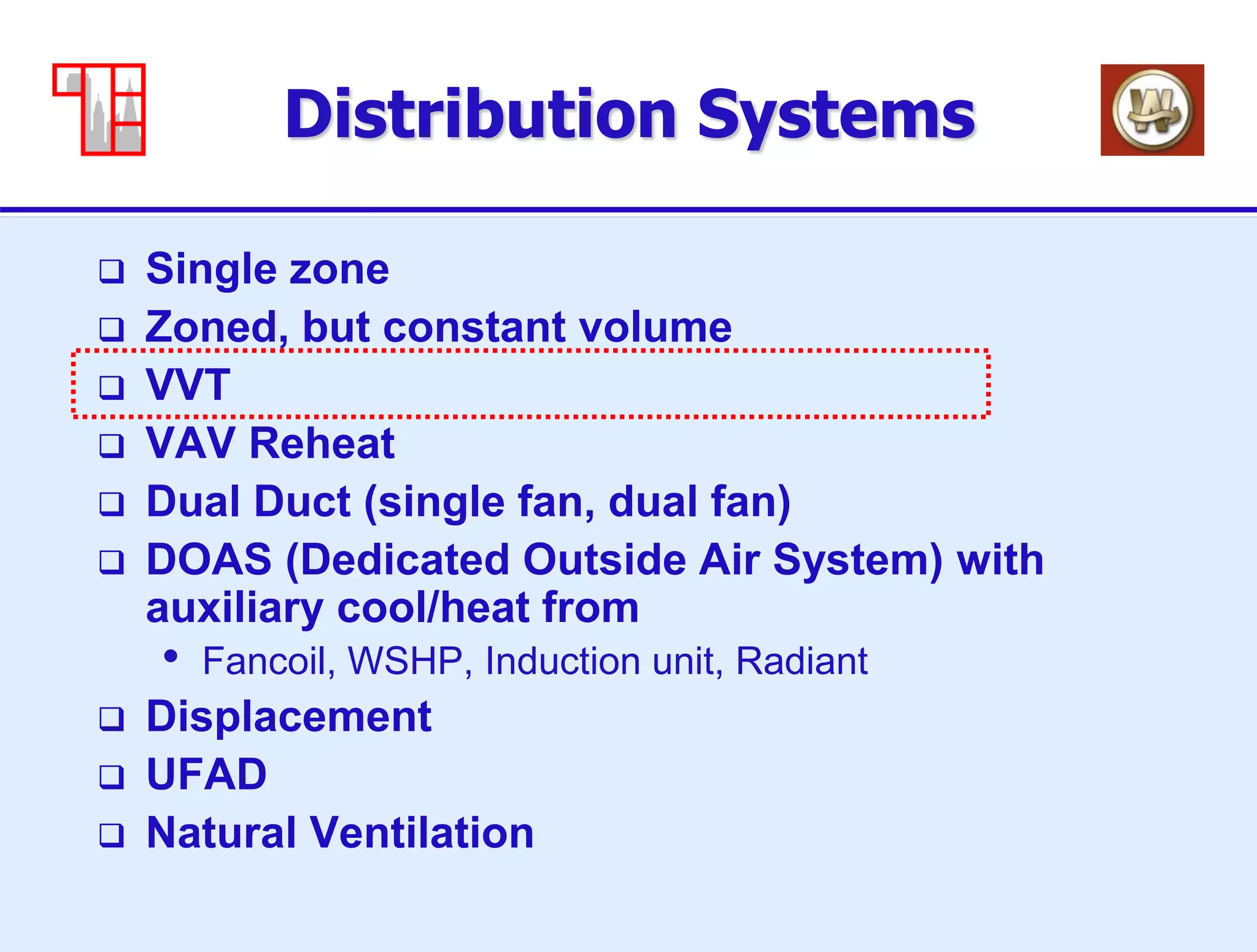 12
Distribution Systems
 Single zone
 Zoned, but constant volume
 VVT
 VAV Reheat
 Dual Duct (single fan, dual fan)
 DOAS (Dedicated Outside Air System) with
auxiliary cool/heat from
• Fancoil, WSHP, Induction unit, Radiant
 Displacement
 UFAD
 Natural Ventilation
 