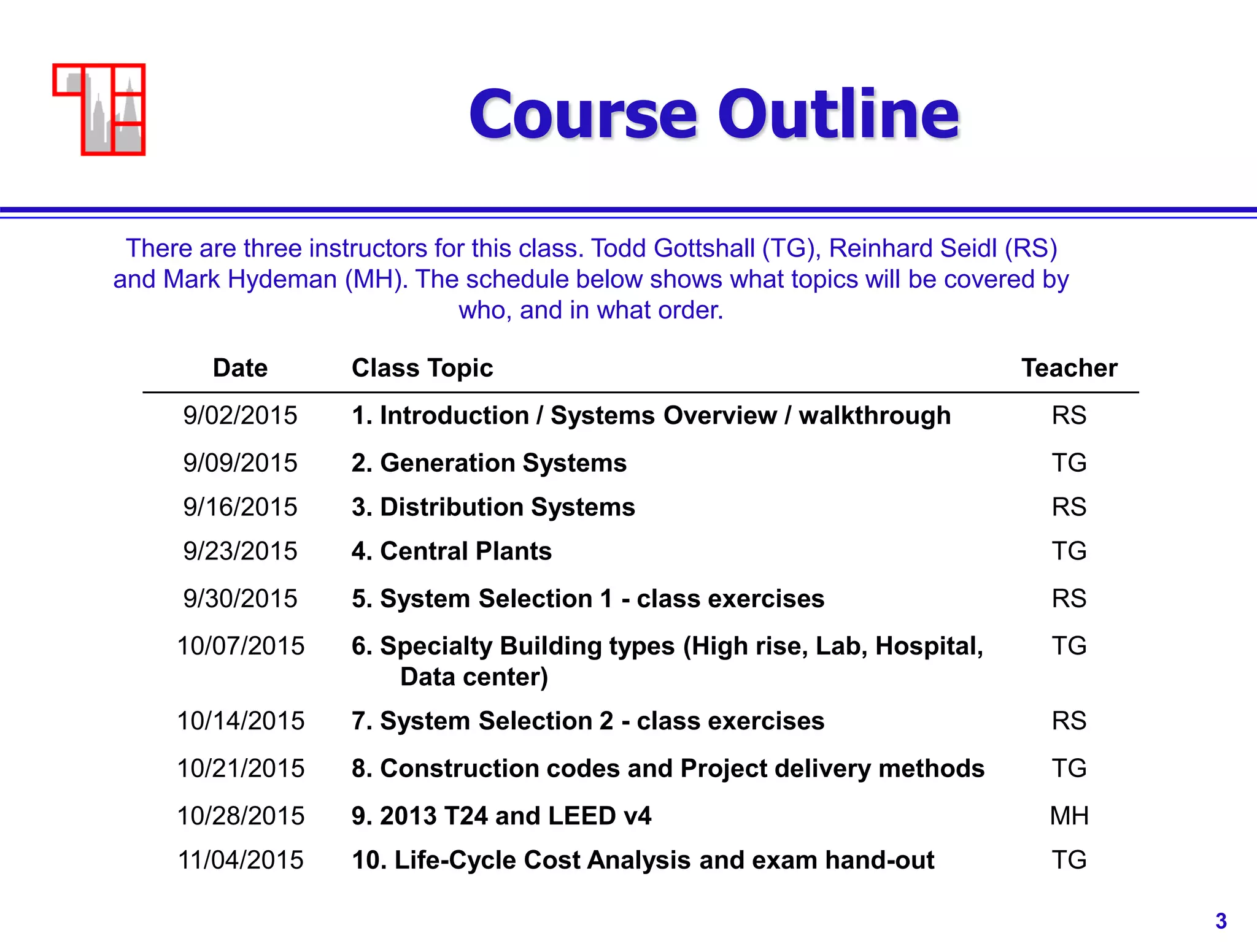 3
Course Outline
Date Class Topic Teacher
9/02/2015 1. Introduction / Systems Overview / walkthrough RS
9/09/2015 2. Generation Systems TG
9/16/2015 3. Distribution Systems RS
9/23/2015 4. Central Plants TG
9/30/2015 5. System Selection 1 - class exercises RS
10/07/2015 6. Specialty Building types (High rise, Lab, Hospital,
Data center)
TG
10/14/2015 7. System Selection 2 - class exercises RS
10/21/2015 8. Construction codes and Project delivery methods TG
10/28/2015 9. 2013 T24 and LEED v4 MH
11/04/2015 10. Life-Cycle Cost Analysis and exam hand-out TG
There are three instructors for this class. Todd Gottshall (TG), Reinhard Seidl (RS)
and Mark Hydeman (MH). The schedule below shows what topics will be covered by
who, and in what order.
 