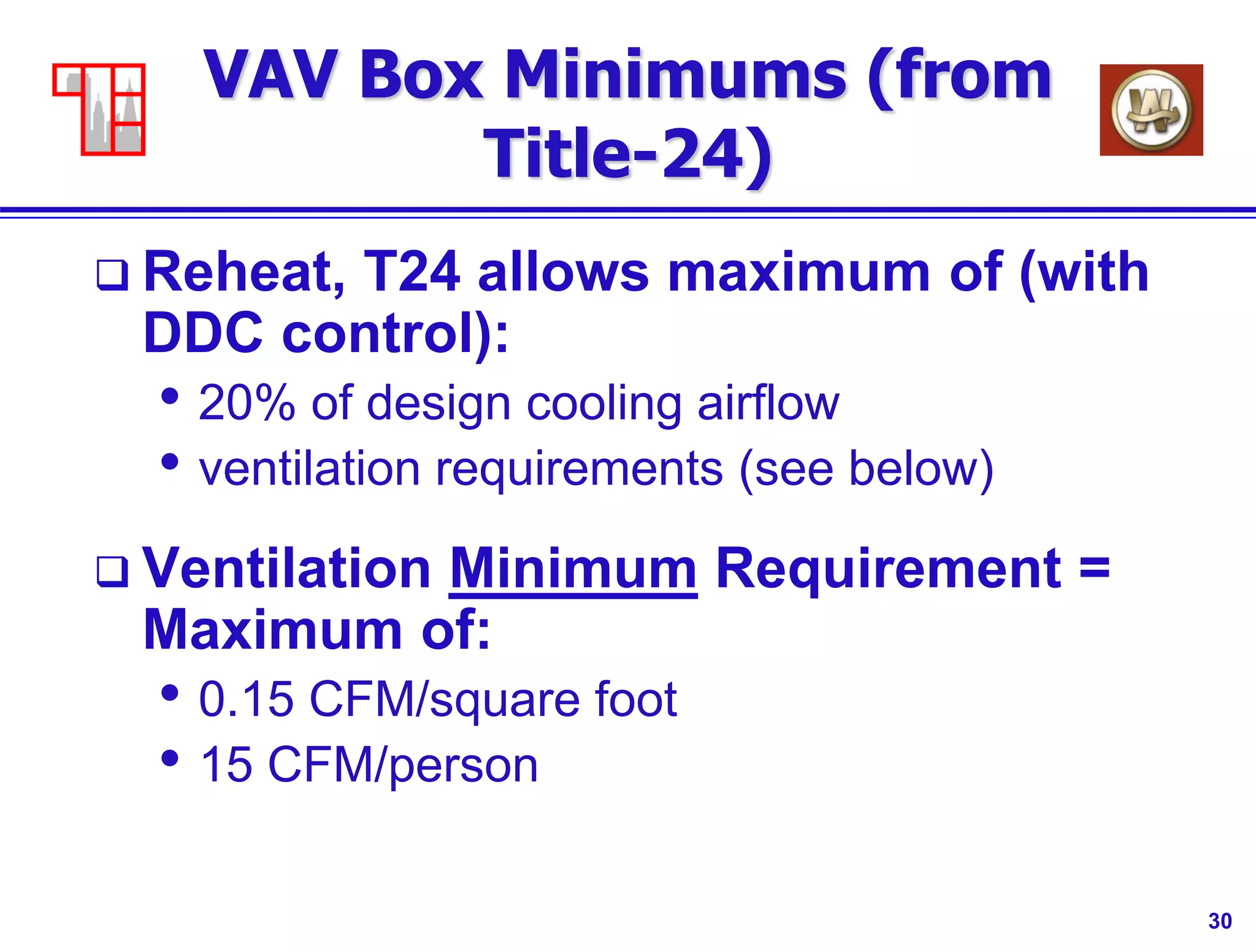 30
VAV Box Minimums (from
Title-24)
 Reheat, T24 allows maximum of (with
DDC control):
• 20% of design cooling airflow
• ventilation requirements (see below)
 Ventilation Minimum Requirement =
Maximum of:
• 0.15 CFM/square foot
• 15 CFM/person
 