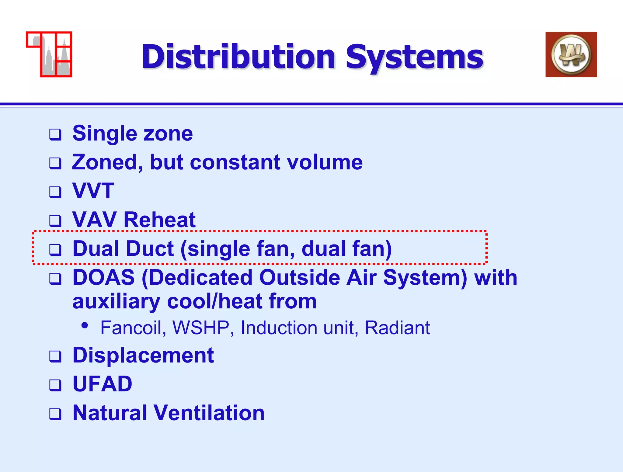 36
Distribution Systems
 Single zone
 Zoned, but constant volume
 VVT
 VAV Reheat
 Dual Duct (single fan, dual fan)
 DOAS (Dedicated Outside Air System) with
auxiliary cool/heat from
• Fancoil, WSHP, Induction unit, Radiant
 Displacement
 UFAD
 Natural Ventilation
 