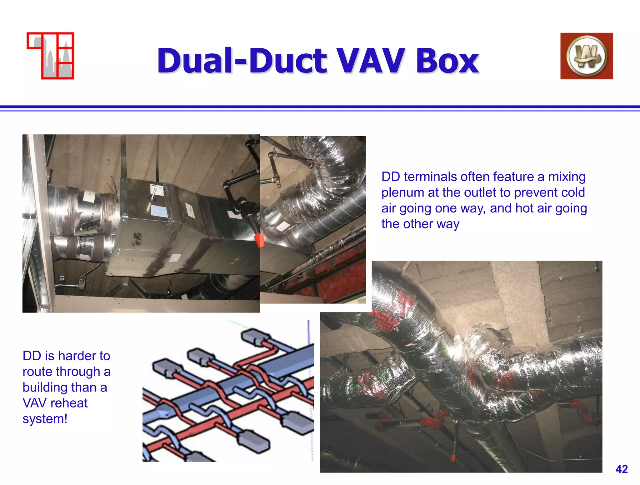 42
Dual-Duct VAV Box
DD terminals often feature a mixing
plenum at the outlet to prevent cold
air going one way, and hot air going
the other way
DD is harder to
route through a
building than a
VAV reheat
system!
 