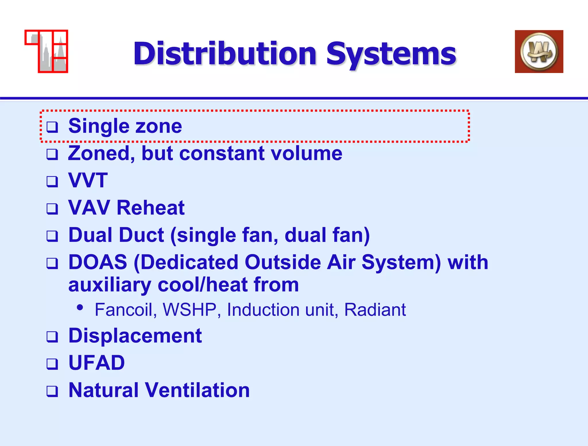 6
Distribution Systems
 Single zone
 Zoned, but constant volume
 VVT
 VAV Reheat
 Dual Duct (single fan, dual fan)
 DOAS (Dedicated Outside Air System) with
auxiliary cool/heat from
• Fancoil, WSHP, Induction unit, Radiant
 Displacement
 UFAD
 Natural Ventilation
 