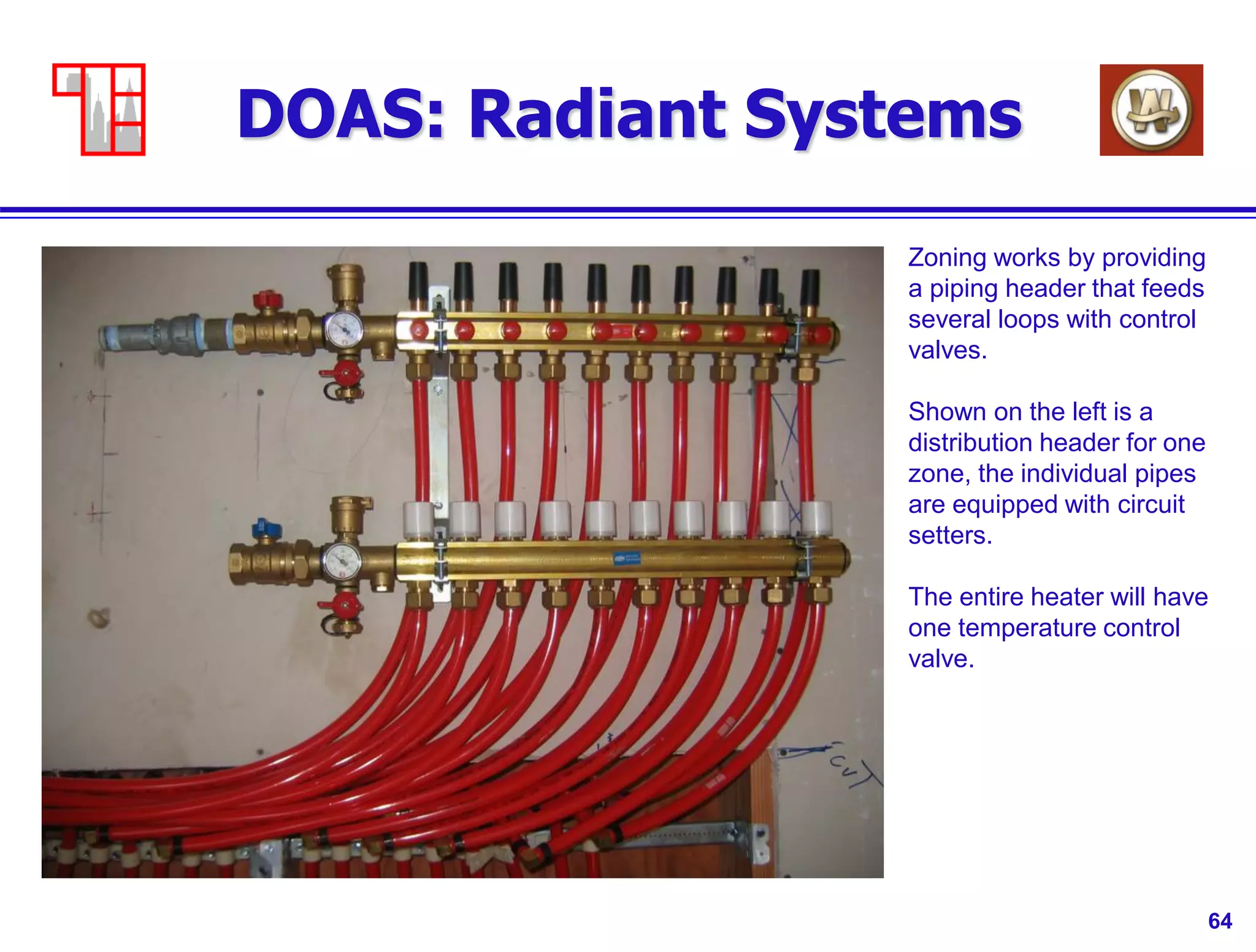 64
DOAS: Radiant Systems
Zoning works by providing
a piping header that feeds
several loops with control
valves.
Shown on the left is a
distribution header for one
zone, the individual pipes
are equipped with circuit
setters.
The entire heater will have
one temperature control
valve.
 