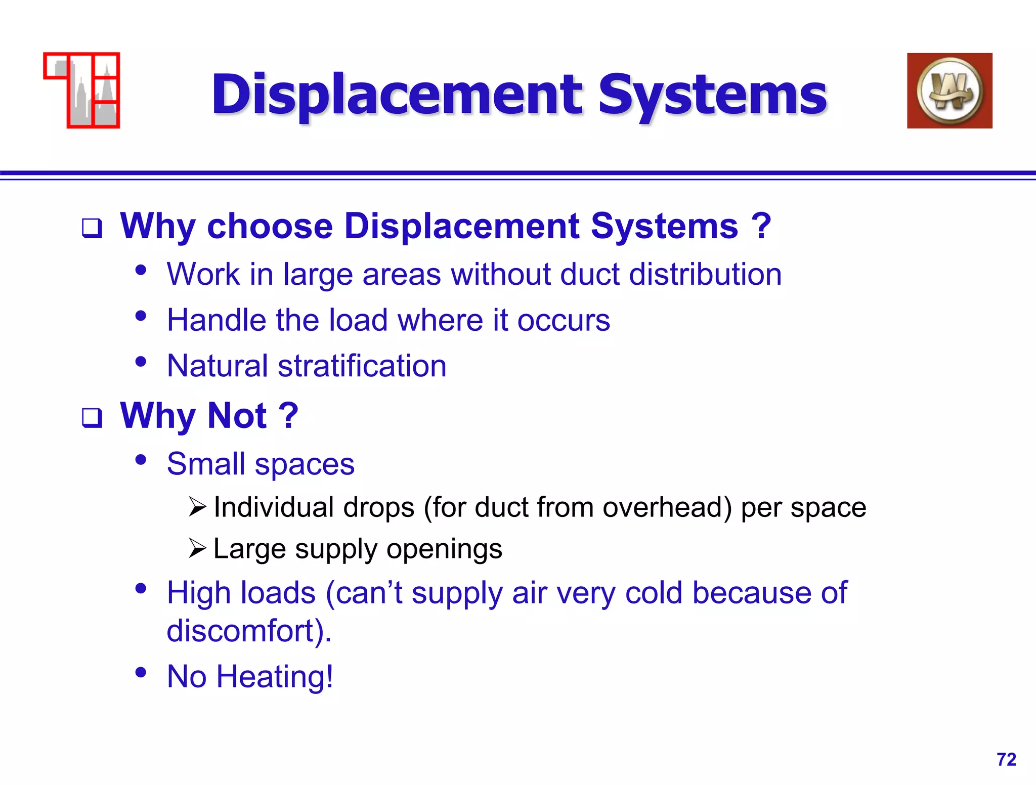 72
Displacement Systems
 Why choose Displacement Systems ?
• Work in large areas without duct distribution
• Handle the load where it occurs
• Natural stratification
 Why Not ?
• Small spaces
Individual drops (for duct from overhead) per space
Large supply openings
• High loads (can’t supply air very cold because of
discomfort).
• No Heating!
 