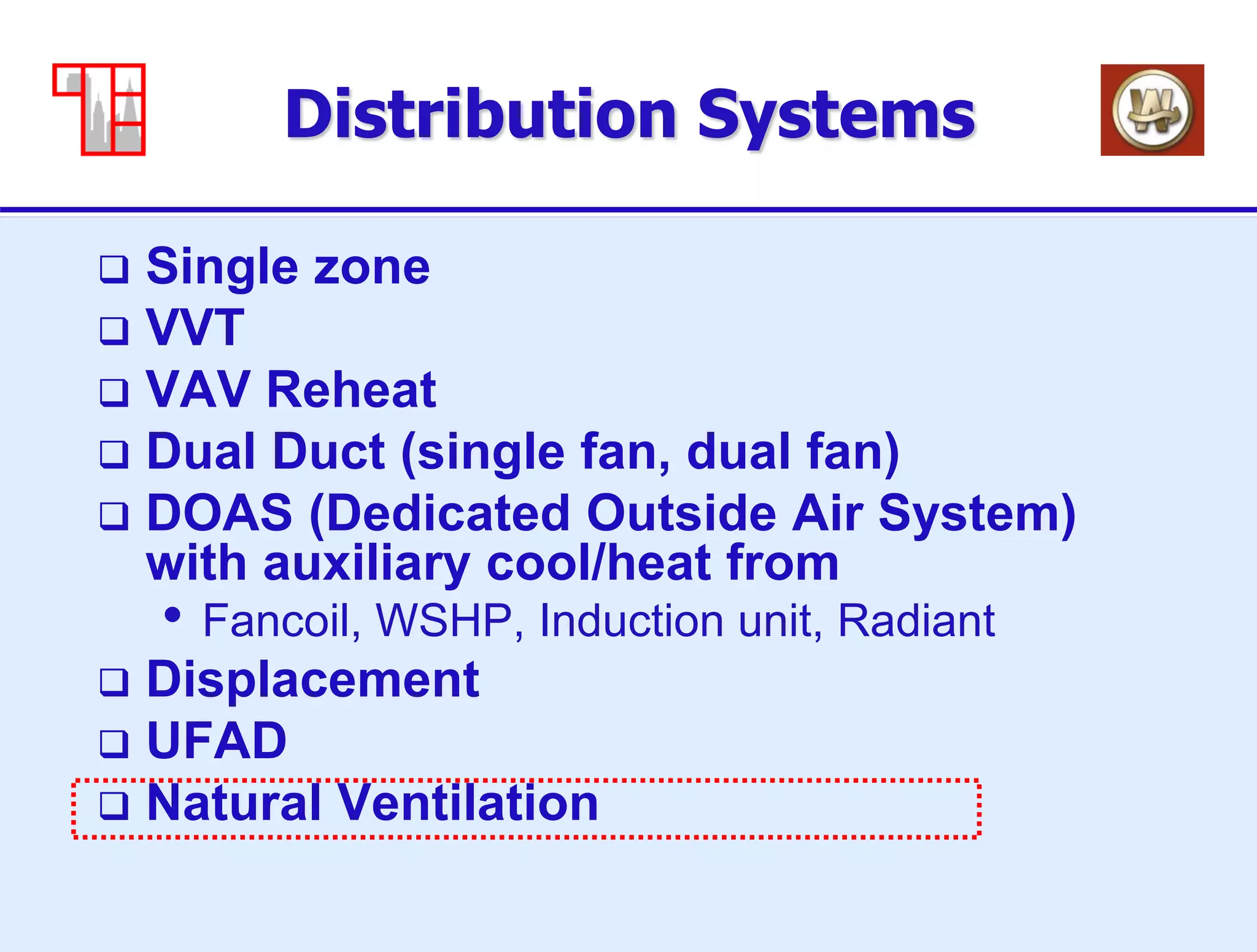 86
Distribution Systems
 Single zone
 VVT
 VAV Reheat
 Dual Duct (single fan, dual fan)
 DOAS (Dedicated Outside Air System)
with auxiliary cool/heat from
• Fancoil, WSHP, Induction unit, Radiant
 Displacement
 UFAD
 Natural Ventilation
 