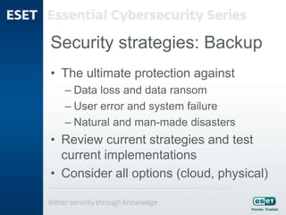 Security strategies: Backup
• The ultimate protection against
– Data loss and data ransom
– User error and system failure
– Natural and man-made disasters
• Review current strategies and test
current implementations
• Consider all options (cloud, physical)
 