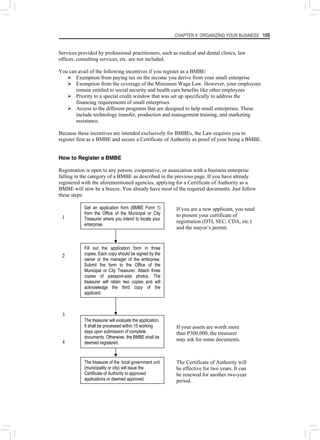 CHAPTER 8: ORGANIZING YOUR BUSINESS 109
Services provided by professional practitioners, such as medical and dental clinics, law
offices, consulting services, etc. are not included.
You can avail of the following incentives if you register as a BMBE:
¾ Exemption from paying tax on the income you derive from your small enterprise
¾ Exemption from the coverage of the Minimum Wage Law. However, your employees
remain entitled to social security and health care benefits like other employees
¾ Priority to a special credit window that was set up specifically to address the
financing requirements of small enterprises
¾ Access to the different programs that are designed to help small enterprises. These
include technology transfer, production and management training, and marketing
assistance.
Because these incentives are intended exclusively for BMBEs, the Law requires you to
register first as a BMBE and secure a Certificate of Authority as proof of your being a BMBE.
How to Register a BMBE
Registration is open to any person, cooperative, or association with a business enterprise
falling in the category of a BMBE as described in the previous page. If you have already
registered with the aforementioned agencies, applying for a Certificate of Authority as a
BMBE will now be a breeze. You already have most of the required documents. Just follow
these steps:
Get an application form (BMBE Form 1)
from the Office of the Municipal or City
Treasurer where you intend to locate your
enterprise.
Fill out the application form in three
copies. Each copy should be signed by the
owner or the manager of the enterprise.
Submit the form to the Office of the
Municipal or City Treasurer. Attach three
copies of passport-size photos. The
treasurer will retain two copies and will
acknowledge the third copy of the
applicant.
The treasurer will evaluate the application.
It shall be processed within 15 working
days upon submission of complete
documents. Otherwise, the BMBE shall be
deemed registered.
If you are a new applicant, you need
to present your certificate of
registration (DTI, SEC, CDA, etc.)
and the mayor’s permit.
1
2
3
If your assets are worth more
than P300,000, the treasurer
may ask for some documents.
4
The treasurer of the local government unit
(municipality or city) will issue the
Certificate of Authority to approved
applications or deemed approved.
The Certificate of Authority will
be effective for two years. It can
be renewed for another two-year
period.
 