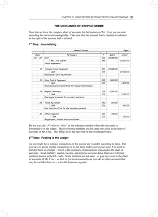 CHAPTER 10: BASIC RECORD KEEPING FOR THE NON-ACCOUNTANT 133
THE MECHANICS OF KEEPING SCORE
Now that we have the complete chart of accounts for the business of Mr. Cruz, we can start
recording the entries chronologically. Take note that the account that is credited is indented
to the right of the account that is debited.
1st
Step: Journalizing
General Journal Page 1
Date Particulars F Debit. Credit
Jan 05 Cash 001 30,000.00
Mr. Cruz, Capital 045 30,000.00
Initial investment
19 Transportation Equipment 010 24,000.00
Cash 001 24,000.00
Purchased 3 units of pedicabs
21 Shop Tools & Equipment 015 1,800.00
Cash 001 1,800.00
Purchased various hand tools for regular maintenance
24 Prepaid Insurance 005 3,000.00
Cash 001 3,000.00
Paid annual premiums for accident insurance
28 Taxes & Licenses 062 360.00
Cash 001 360.00
Paid the city office for the necessary permits
30 Office Supplies 061 150.00
Cash 001 150.00
Bought pens, folders and record books
By the way, the “F” refers to “folio” or the reference number where the data entry is
forwarded to in the ledger. These reference numbers are the same ones used in the chart of
accounts of Mr. Cruz. This brings us to the next step in the recording process.
2nd
Step: Posting to the Ledger
As you might have noticed, transactions in the journal are recorded according to dates. But
you have to group similar transactions or to put them under a certain account. You need to
transfer these to a ledger – which is the summary of transactions indicated in the chart of
accounts. Asset, liability, capital, income, and expense accounts have their own reference
numbers known as the GL Code. Some numbers are not used – as you have seen in the chart
of accounts of Mr. Cruz – so that he (or his accountant) can provide for other accounts that
may be included later on – when the business expands.
 