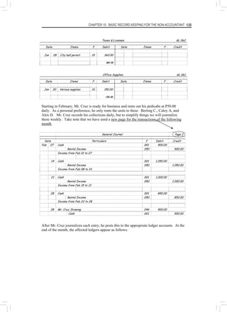CHAPTER 10: BASIC RECORD KEEPING FOR THE NON-ACCOUNTANT 135
Taxes & Licenses GL 062
Date Items F Debit Date Items F Credit
Jan 28 City hall permit 01 360.00
360.00
Office Supplies GL 061
Date Items F Debit Date Items F Credit
Jan 30 Various supplies 01 150.00
150.00
Starting in February, Mr. Cruz is ready for business and rents out his pedicabs at P50.00
daily. As a personal preference, he only rents the units to three: Berting C., Caloy A, and
Alex D. Mr. Cruz records his collections daily, but to simplify things we will journalize
these weekly. Take note that we have used a new page for the transactions of the following
month.
General Journal Page 2
Date Particulars F Debit. Credit
Feb 07 Cash 001 900.00
Rental Income 050 900.00
Income from Feb 01 to 07
14 Cash 001 1,050.00
Rental Income 050 1,050.00
Income from Feb 08 to 14
21 Cash 001 1,000.00
Rental Income 050 1,000.00
Income from Feb 15 to 21
28 Cash 001 850.00
Rental Income 050 850.00
Income from Feb 22 to 28
28 Mr. Cruz, Drawing 046 900.00
Cash 001 900.00
After Mr. Cruz journalizes each entry, he posts this to the appropriate ledger accounts. At the
end of the month, the affected ledgers appear as follows:
 
