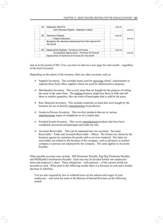 CHAPTER 10: BASIC RECORD KEEPING FOR THE NON-ACCOUNTANT 141
(3) Employees’ Benefits xxx.xx
SSS Premiums Payable – Employer’s Share xxx.xx
(4) Insurance Expense xxx.xx
Prepaid Insurance xxx.xx
Recognize the insurance premium portion that expired for
the month
(5) Depreciation Expense – Furniture & Fixtures xxx.xx
Accumulated Depreciation – Furniture & Fixtures xxx.xx
Depreciation of furniture & fixtures for the month
Just as in the journal of Mr. Cruz, you have to start on a new page for each month – regardless
of the kind of journal.
Depending on the nature of the business, there are other accounts, such as:
¾ Supplies Inventory. This includes items used for servicing clients’ requirements to
separate these from office supplies which are used for administrative purposes.
¾ Merchandise Inventory. This covers items that are bought for the purpose of selling
the same in the same form. The trading business might buy these in bulk and sell
these in smaller quantities, like one ream of bond paper that is sold by the piece.
¾ Raw Materials Inventory. This includes materials on hand that were bought by the
business for use in directly manufacturing its product(s).
¾ Goods-in-Process Inventory. This involves products that are in various
manufacturing stages of completion as of a certain date.
¾ Finished Goods Inventory. This covers manufactured products that have been
completely processed and packaged and ready for sale.
¾ Accounts Receivable. This can be separated into two accounts: Accounts
Receivable – Trade and Accounts Receivable – Others. The former are claims by the
business against its customers for goods sold or services rendered. The latter are
receivables not related to the business of the company, such as advances to another
company or persons not employed by the company. The same applies to Accounts
Payable.
Other payable accounts may include: SSS Premiums Payable, Pag-Ibig Premiums Payable,
and PhilHealth Contributions Payable. Each one may be divided further into employees’
share and employer’s share. These obligations – and expenses – of the current month are
recorded as such. When paid in the following month, there is a decrease in cash and a similar
decrease in liabilities.
You are also required by law to withhold taxes on the salaries and wages of your
employees – and remit the same to the Bureau of Internal Revenue on the following
month.
 
