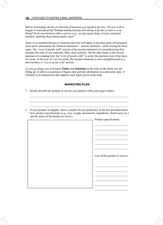 YOUR GUIDE TO STARTING A SMALL ENTERPRISE
158
Before proceeding, decide on what line of business you intend to get into. Do you wish to
engage in manufacturing? Perhaps trading (buying and selling of goods) is more to your
liking? Or do you intend to offer a service (e.g., an auto repair shop, a resort, restaurant
business, tailoring shop, beauty parlor, spa)?
There is no standard format of a business plan that will apply to the three types of businesses.
Some parts, particularly the financial statements – income statement – differ among the three
types. The “cost of goods sold” section of the income statement of a manufacturing firm
includes the costs of raw materials, labor, and overhead. On the other hand, in the income
statement of a trading firm, the “cost of goods sold” is solely the purchase cost of the items
for resale. In the case of a service entity, the income statement is more straightforward as it
does not have a “cost of goods sold” section.
As you go along, you will notice Tables and Schedules in the titles of the forms you are
filling up. A table is a summary of figures that provide information on a particular topic. A
schedule is an itemized list that supports each figure given in the table.
MARKETING PLAN
1. Briefly describe the product or service you intend to offer your target market.
________________________________________________________________________
________________________________________________________________________
________________________________________________________________________
2. If your product is tangible, draw a sample of your product(s) in the box provided below.
Give product specifications (e.g., size, weight, dimensions, ingredients, brand name etc.)
and the use(s) of the product or service.
Product specifications:
________________________
________________________
________________________
________________________
________________________
________________________
Uses of the product or service:
________________________
________________________
________________________
________________________
________________________
________________________
 