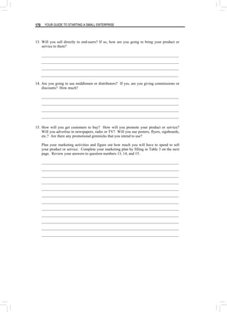 YOUR GUIDE TO STARTING A SMALL ENTERPRISE
170
13. Will you sell directly to end-users? If so, how are you going to bring your product or
service to them?
________________________________________________________________________
________________________________________________________________________
________________________________________________________________________
________________________________________________________________________
14. Are you going to use middlemen or distributors? If yes, are you giving commissions or
discounts? How much?
________________________________________________________________________
________________________________________________________________________
________________________________________________________________________
________________________________________________________________________
15. How will you get customers to buy? How will you promote your product or service?
Will you advertise in newspapers, radio or TV? Will you use posters, flyers, signboards,
etc.? Are there any promotional gimmicks that you intend to use?
Plan your marketing activities and figure out how much you will have to spend to sell
your product or service. Complete your marketing plan by filling in Table 3 on the next
page. Review your answers to question numbers 13, 14, and 15.
________________________________________________________________________
________________________________________________________________________
________________________________________________________________________
________________________________________________________________________
________________________________________________________________________
________________________________________________________________________
________________________________________________________________________
________________________________________________________________________
________________________________________________________________________
________________________________________________________________________
________________________________________________________________________
________________________________________________________________________
 