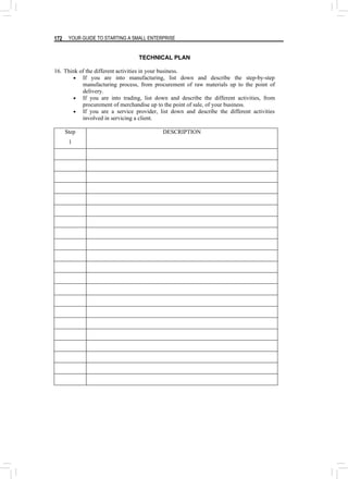 YOUR GUIDE TO STARTING A SMALL ENTERPRISE
172
TECHNICAL PLAN
16. Think of the different activities in your business.
• If you are into manufacturing, list down and describe the step-by-step
manufacturing process, from procurement of raw materials up to the point of
delivery.
• If you are into trading, list down and describe the different activities, from
procurement of merchandise up to the point of sale, of your business.
• If you are a service provider, list down and describe the different activities
involved in servicing a client.
Step
1
DESCRIPTION
 