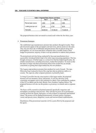 YOUR GUIDE TO STARTING A SMALL ENTERPRISE
230
Table 1: Projected Sales (Volume and Value)
Year 1 Year 2 Year 3
2,664 3,996 5,994
25.00 27.00 29.00
Planned sales volume
x selling price per unit
Total sales 66,600.00 107,892.00 173,820.00
The proposed business does not intend to extend credit within the first three years.
¾ Promotions Strategies
The established soap manufacturers promote their products through tri-media. Their
advertisements appear in the newspapers and television, and are aired over the radio.
They also post their ads in billboards and giant posters that are placed along main
thoroughfares. It is no secret that these companies allot a sizeable chunk of their
budget for promotion; majority of them even tap celebrities to endorse their products.
The promotional activities being conducted by big soap manufacturers have
successfully introduced herbal soap to the entire soap-consuming population. This has
brought awareness of herbal soaps to a certain level that has helped significantly, the
smaller manufacturers, including newcomers, market their products. So much so that
the latter no longer start their promotional efforts from scratch but can already
concentrate on getting their target market buy the new products.
The Laguna soap producers promote their products by word of mouth. The sign,
Whitening Soap is placed in front of the soap bars that are piled on a table or a
counter. The signs are either computer printouts or printed by hand.
To bring CreamySkin into the consciousness of the target market, the proposed
business will use streamers, flyers, and posters. It will also advertise in the
community newspapers such as the semestral Los Baños Times published by students
of the UP Los Baños and the daily Manila Times Southern Tagalog Edition. The
proposed business will also use the product as giveaways in contests and as corporate
gifts.
The flyers will be inserted in all printed materials specifically magazines and
newspapers circulating in the province. They will also be given out to parishioners
coming out from the church, mall goers, as well as diners in restaurants and fastfood
chains. The posters will be displayed prominently in beauty parlors, boutiques,
variety and grocery stores, drugstores, resorts and tourism-related establishments.
Distribution of the promotional materials will be a joint effort by the proponent and
the agents.
 