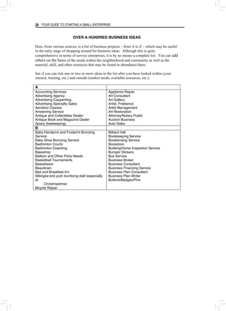 YOUR GUIDE TO STARTING A SMALL ENTERPRISE
28
OVER A HUNDRED BUSINESS IDEAS
Here, from various sources, is a list of business projects – from A to Z – which may be useful
in the early stage of shopping around for business ideas. Although this is quite
comprehensive in terms of service enterprises, it is by no means a complete list. You can add
others on the basis of the needs within the neighborhood and community as well as the
material, skill, and other resources that may be found in abundance there.
See if you can tick one or two or more ideas in the list after you have looked within (your
interest, training, etc.) and outside (market needs, available resources, etc.).
A
Accounting Services
Advertising Agency
Advertising Copywriting
Advertising Specialty Sales
Aerobics Classes
Answering Service
Antique and Collectibles Dealer
Antique Book and Magazine Dealer
Apiary (beekeeping)
Appliance Repair
Art Consultant
Art Gallery
Artist, Freelance
Artist Management
Art Restoration
Attorney/Notary Public
Auction Business
Auto Sales
B
Baby Handprint and Footprint Bronzing
Service
Baby Shoe Bronzing Service
Badminton Courts
Badminton Coaching
Bakeshop
Balloon and Other Party Needs
Basketball Tournaments
Basketware
Beautician
Bed and Breakfast Inn
Bibingka and puto bumbong stall (especially
at
Christmastime)
Bicycle Repair
Billiard Hall
Bookkeeping Service
Bookbinding Service
Bookstore
Building/Home Inspection Service
Bumper Stickers
Bus Service
Business Broker
Business Consultant
Business Financing Service
Business Plan Consultant
Business Plan Writer
Buttons/Badges/Pins
 