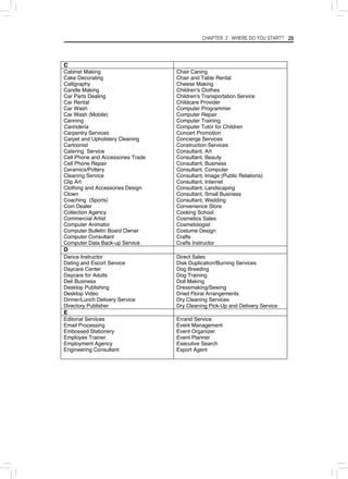 CHAPTER 2 : WHERE DO YOU START? 29
C
Cabinet Making
Cake Decorating
Calligraphy
Candle Making
Car Parts Dealing
Car Rental
Car Wash
Car Wash (Mobile)
Canning
Carinderia
Carpentry Services
Carpet and Upholstery Cleaning
Cartoonist
Catering Service
Cell Phone and Accessories Trade
Cell Phone Repair
Ceramics/Pottery
Cleaning Service
Clip Art
Clothing and Accessories Design
Clown
Coaching (Sports)
Coin Dealer
Collection Agency
Commercial Artist
Computer Animator
Computer Bulletin Board Owner
Computer Consultant
Computer Data Back-up Service
Chair Caning
Chair and Table Rental
Cheese Making
Children's Clothes
Children's Transportation Service
Childcare Provider
Computer Programmer
Computer Repair
Computer Training
Computer Tutor for Children
Concert Promotion
Concierge Services
Construction Services
Consultant, Art
Consultant, Beauty
Consultant, Business
Consultant, Computer
Consultant, Image (Public Relations)
Consultant, Internet
Consultant, Landscaping
Consultant, Small Business
Consultant, Wedding
Convenience Store
Cooking School
Cosmetics Sales
Cosmetologist
Costume Design
Crafts
Crafts Instructor
D
Dance Instructor
Dating and Escort Service
Daycare Center
Daycare for Adults
Deli Business
Desktop Publishing
Desktop Video
Dinner/Lunch Delivery Service
Directory Publisher
Direct Sales
Disk Duplication/Burning Services
Dog Breeding
Dog Training
Doll Making
Dressmaking/Sewing
Dried Floral Arrangements
Dry Cleaning Services
Dry Cleaning Pick-Up and Delivery Service
E
Editorial Services
Email Processing
Embossed Stationery
Employee Trainer
Employment Agency
Engineering Consultant
Errand Service
Event Management
Event Organizer
Event Planner
Executive Search
Export Agent
 
