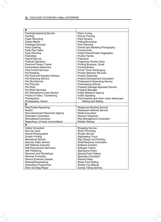 YOUR GUIDE TO STARTING A SMALL ENTERPRISE
32
P
Packing/Unpacking Service
Painting
Paper Recycling
Papier Mache
Paralegal Services
Party Catering
Party Plan Sales
Party Planning
Pawnshop
Payroll Service
Pedicab Operation
Personal Fitness Trainer
Personalized Stationery
Pest Control Services
Pet Breeding
Pet Food and Supplies Delivery
Pet Grooming Service
Pet Stud Service
Pet Products
Pet Shop
Pet Show Business
Pet Sitting/Home-Care Service
Photos to Video, Transferring
Photography
Photography, Scenic
Piano Tuning
Picture Framing
Plant Nursery
Polling/Surveying
Pool Cleaning
Portrait and Wedding Photography
Portrait Artist
Potted Plants/Potted Vegetables
Poultry Farmer
Preschool
Pregnancy Fitness Class
Printing Business, Small
Printing Broker
Printer Toner Recharging
Private Detective Services
Product Assembly
Product Development Consultant
Professional Organizing Service
Proofreading Service
Property Damage Appraisal Service
Property Manager
Public Relations Agency
Public Speaking
Puto-kutsinta (and other native delicacies)
Making and Selling
R
Real Estate Appraising
Realtor
Recruitment/Job Placement Agency
Relocation Consultant
Remodeling Contractor
Repacking (of basic commodities)
Restaurant Booking Service
Restaurant Delivery Service
Retail Consultant
Reunion Organizer
Risk Management Consultant
Rubber Stamps
S
Safety Consultant
Sari-sari store
School Photographer
Screen Printing
Secretarial Service
Security Video Service
Self Defense Instructor
Self-Improvement Seminars
Self Publishing
Seminars and Workshops
Seminar Promotion
Seniors Exercise Classes
Sewing/Dressmaking
Shareware Programmer
Shoe and Bag Repair
Shopping Service
Show Promoting
Shuttle Service
Sightseeing Tours
Sign Design and Painting
Small Business Consultant
Software Creation
Software Trainer
Spa/Sauna Parlor
Special Event Videos
Specialty Consultant
Stained Glass
Street Food Selling
Stuffed Toy Making
Survey Taking Service
 