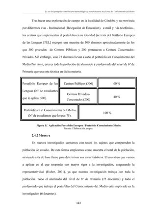 El uso del portafolio como recurso metodológico y autoevaluativo en el área del Conocimiento del Medio
113
Tras hacer una exploración de campo en la localidad de Córdoba y su provincia
por diferentes vías - Institucional (Delegación de Educación), e-mail y vía telefónica-,
los centros que implementan el portafolio en su totalidad (se trata del Portfolio Europeo
de las Lenguas [PEL] recogen una muestra de 500 alumnos aproximadamente de los
que 300 proceden de Centros Públicos y 200 pertenecen a Centros Concertados-
Privados. Sin embargo, solo 75 alumnos llevan a cabo el portafolio en Conocimiento del
Medio.Por tanto, esta es toda la población de alumnado y profesorado del nivel de 6º de
Primaria que usa esta técnica en dicha materia.
Portafolio Europeo de las
Lenguas (Nº de estudiantes
que lo aplica: 500).
Centros Públicos (300) 60 %
Centros Privados-
Concertados (200)
40 %
Portafolio en el Conocimiento del Medio
(Nº de estudiantes que lo usa: 75).
100 %
Figura 11. Aplicación Portafolio Europeo / Portafolio Conocimiento Medio
Fuente: Elaboración propia.
2.4.2 Muestra
En nuestra investigación contamos con todos los sujetos que comprenden la
población de estudio. De esta forma empleamos como muestra el total de la población,
sirviendo esta de base firme para determinar sus características. El muestreo que vamos
a aplicar es el que responde con mayor rigor a la investigación, asegurando la
representatividad (Huber, 2001), ya que nuestra investigación trabaja con toda la
población. Todo el alumnado del nivel de 6º de Primaria (75 discentes) y todo el
profesorado que trabaja el portafolio del Conocimiento del Medio está implicado en la
investigación (6 docentes).
 