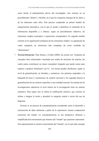 El uso del portafolio como recurso metodológico y autoevaluativo en el área del Conocimiento del Medio
135
como fuente el planteamiento previo del investigador; otro consiste en un
procedimiento "abierto" y flexible, en el que las categorías emergen de los datos y
de las relaciones entre ellos. Este proceso comprende un primer modelo de
categorización descriptiva, con la que se tiende a identificar el contenido de la
información disponible y a obtener, según un procedimiento inductivo, las
estructuras simples (conceptos o expresiones conceptuales). Un segundo modelo
consiste en la organización jerárquica de las estructuras simples. La agrupación de
varias categorías en estructuras más complejas da como resultado las
"dimensiones".
 Teorizar/Interpretar. Para Strauss y Corbin (2002), las teorías son "conjuntos de
conceptos bien relacionados vinculados por medio de oraciones de relación, las
cuales juntas constituyen un marco conceptual integrado que puede usarse para
explicar o predecir fenómenos" (p.17). Las teorías pueden clasificarse, según su
nivel de generalización, en formales y sustantivas. Las primeras responden a la
búsqueda de leyes y conclusiones de carácter universal y las segundas buscan la
generalización de un contexto específico o una realidad concreta. En muchas de las
investigaciones educativas el nivel teórico de la investigación tiene un carácter
sustantivo. Para lograr esto se utiliza la codificación selectiva, que consiste en
refinar e integrar la teoría y descubrir la categoría central a través del uso de
diagrama.
Teorizar es un proceso de conceptualización considerado como el desarrollo o
construcción de ideas abstractas a partir de la experiencia: nuestra comprensión
consciente del mundo. La conceptualización es una perspectiva abstracta y
simplificada del conocimiento que tenemos del "mundo" que queremos representar.
Esta representación es nuestro conocimiento del "mundo", en el cual cada concepto
 