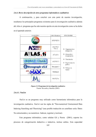 El uso del portafolio como recurso metodológico y autoevaluativo en el área del Conocimiento del Medio
137
2.6.4. Breve descripción de otros programas informáticos cualitativos
A continuación, y para concluir con esta parte de nuestra investigación,
reseñamos los principales programas existentes para la investigación cualitativa además
del Atlas.ti, programa que ha sido nuestra opción en esta investigación como se ha dicho
en el apartado anterior.
Figura 12. Programas de investigación cualitativa
Fuente: Revuelta y Sánchez (2003)
2.6.4.1. Nud.ist
Nud.ist es un programa muy utilizado como herramienta informática para la
investigación cualitativa. Nud.ist son las siglas de "Non-numerical Unstructured Data
Indexing Searching and Theorizing" (una posible traducción en castellano sería: Datos
No estructurados y no numéricos Indexar, registrar y teorizar).
Este programa informático, como señalan Gil y Perera (2001), soporta los
procesos de categorización deductiva e inductiva, incluso ambos. Esta capacidad
 